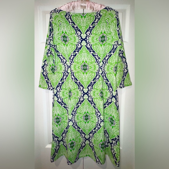 J Mclaughlin Green Blue White Modest Stretch Dress Swirls Paisley Size S. EUC - Picture 2 of 9